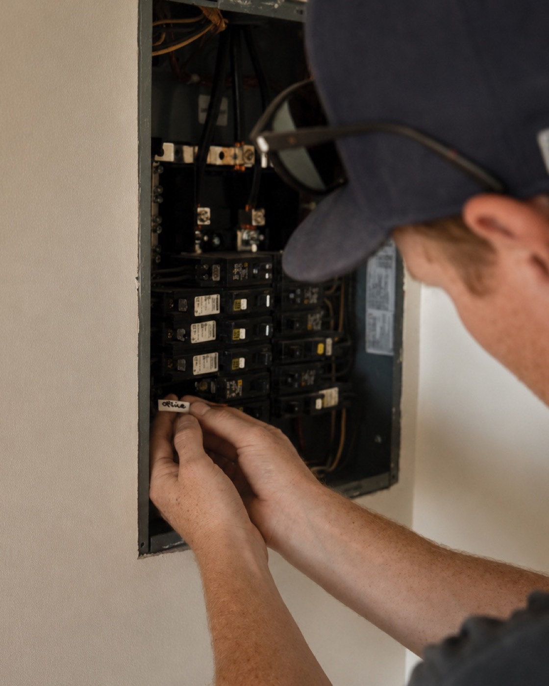 Adam Keif tightening a breaker inside a residential service panel